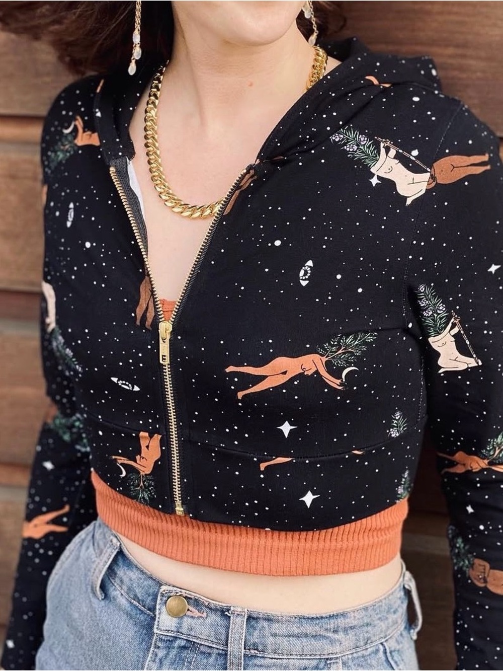 Black Printed Cropped Zip Hoodie